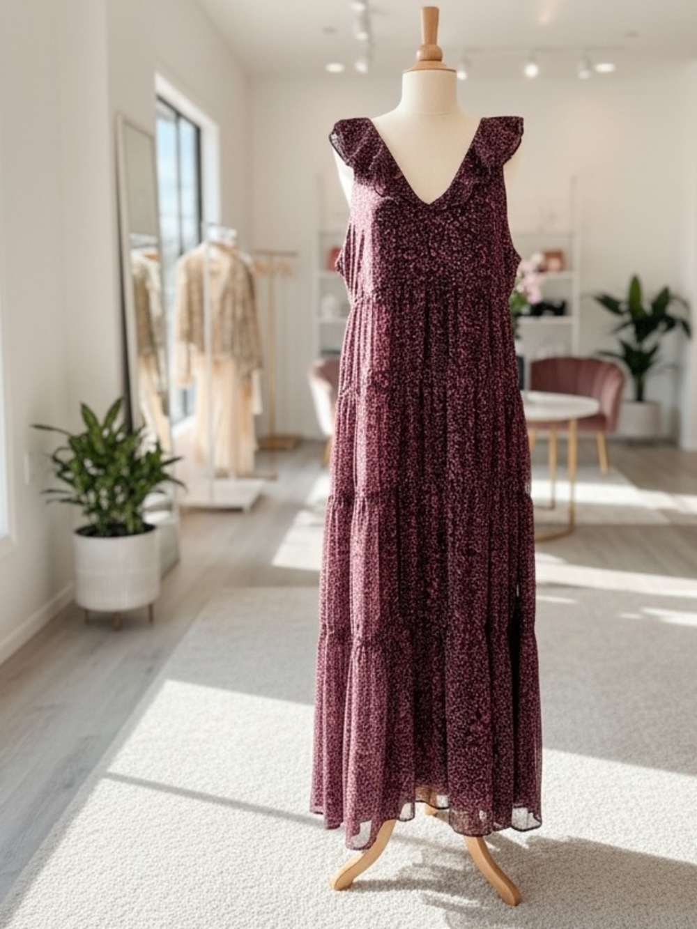 Chelsea28 Plum Floral Ruffle-Shoulder Maxi Dress - Picture 2 of 13
